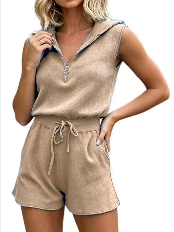 Sleeveless Women's Casual Shorts Rompers Summer Half Zip Lapel Collar Drawstring Knit One Piece Jumpsuit with Pockets