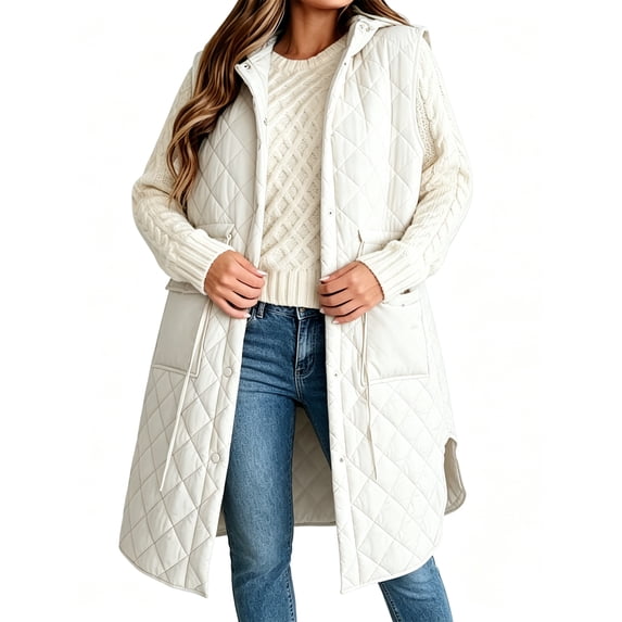 Sleeveless Women Long Puffer Hood Quilted Winter Outwear Vest Jackets Coats