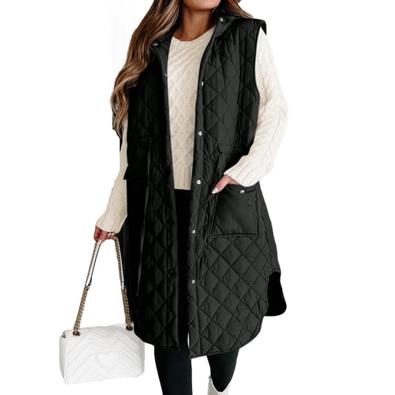 Sleeveless Women Long Puffer Hood Quilted Winter Outwear Vest Jackets Coats