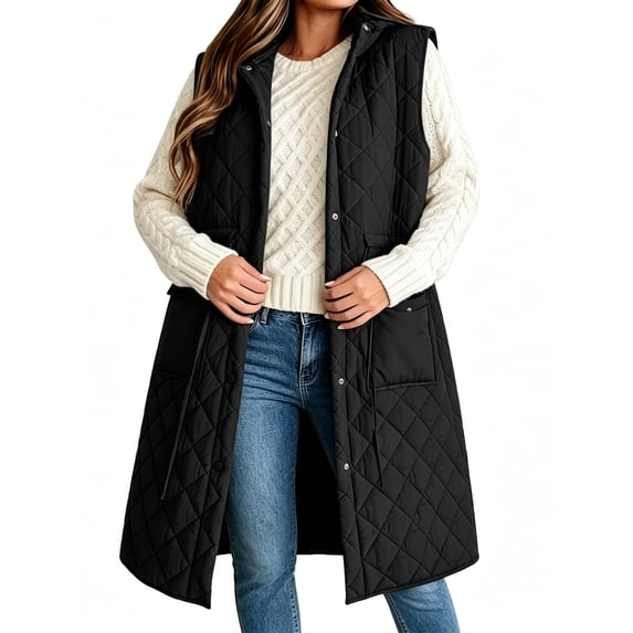 Sleeveless Women Long Puffer Hood Quilted Winter Outwear Vest Jackets Coats