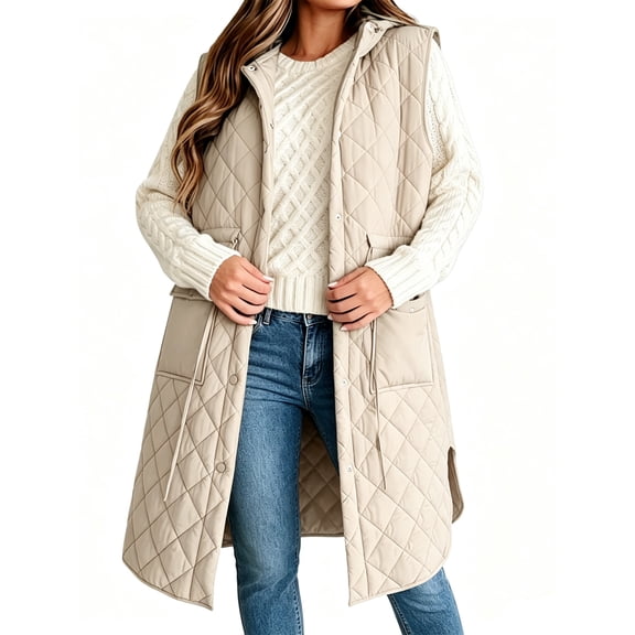 Sleeveless Women Long Puffer Hood Quilted Winter Outwear Vest Jackets Coats