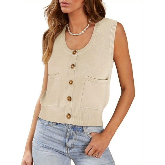 Sleeveless Womens Sweater Vest Summer Ribbed Tank Tops Button Down Shirts Scoop Neck Top