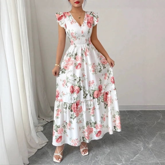 Sleeveless short-sleeved women's dress, fashionable, elegant, and stylish with printed ruffle sleeves
