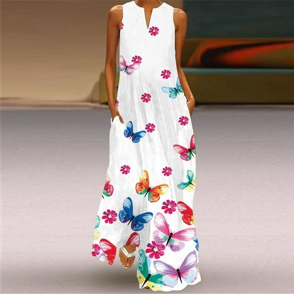 Sleeveless white Summer Dress Women Beach Casual Elegant Breathable Long Dresses Woman V Neck Floral Print Women's Dress