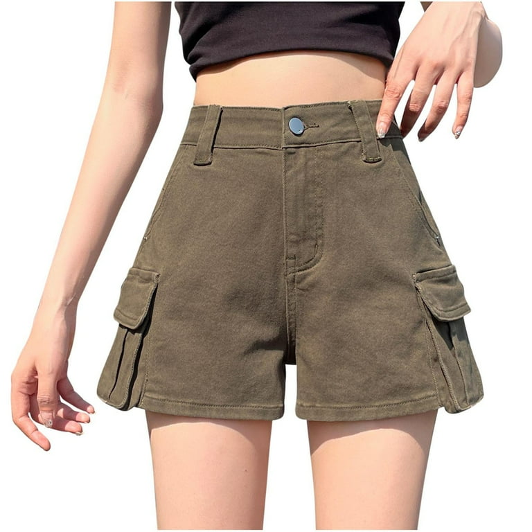 Slegive High Waisted Shorts Women Zipper Button with Pocket Wide Legs Shorts Pants Ladies Shorts Classic Solid Color Summer Shorts Casual Loose Girls Shorts Army Green XL Walmart