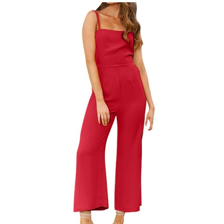Slegive Jumpsuits for Women Dressy Summer Sleeveless Suspender Elegant Wide Legs Pants Rompers Fashion Solid Color Casual Loose Baggy Jumpsuits Overalls Wine L Walmart
