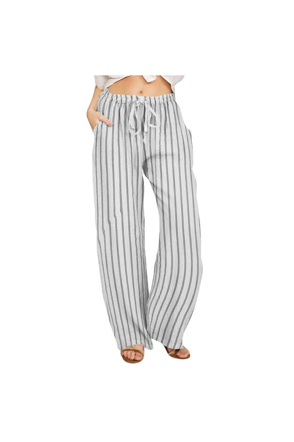Pants for Women Wide Leg Pants Fashion Pinstripe Pattern Lightweight Comfy Fall Drawstring Loose Lounge Long Pants with Pcokets High Waist Casual Pants