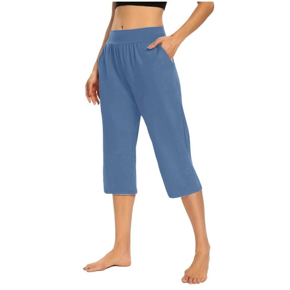 Slegive Womens Elastic Waist Capris Pants Pocket Stretchy Cropped Pants Casual Loose Solid Color Summer Lightweight Fashion Cropped Pants (Blue,XL)