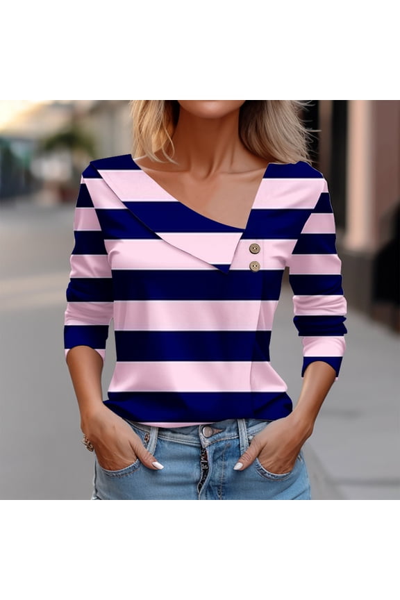 Womens T Shirt Fashion Comfortable Casual Pinstripe Pattern Long Sleeve Blouse Asymmetric Neck Thin Button Lounge Blouse Tops Pink M