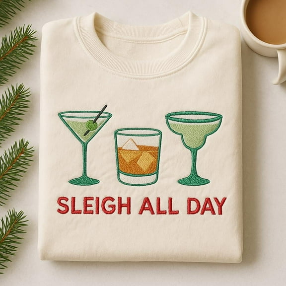 Sleigh All Day Embroidered Sweatshirt, Funny Holiday Cocktails Jumper, Drinking Christmas Shirt, Festive Alcohol Gift