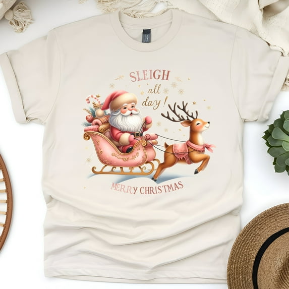 Sleigh All Day Shirt | Santa and Reindeer Christmas T-Shirt, Natural, Size 3XL