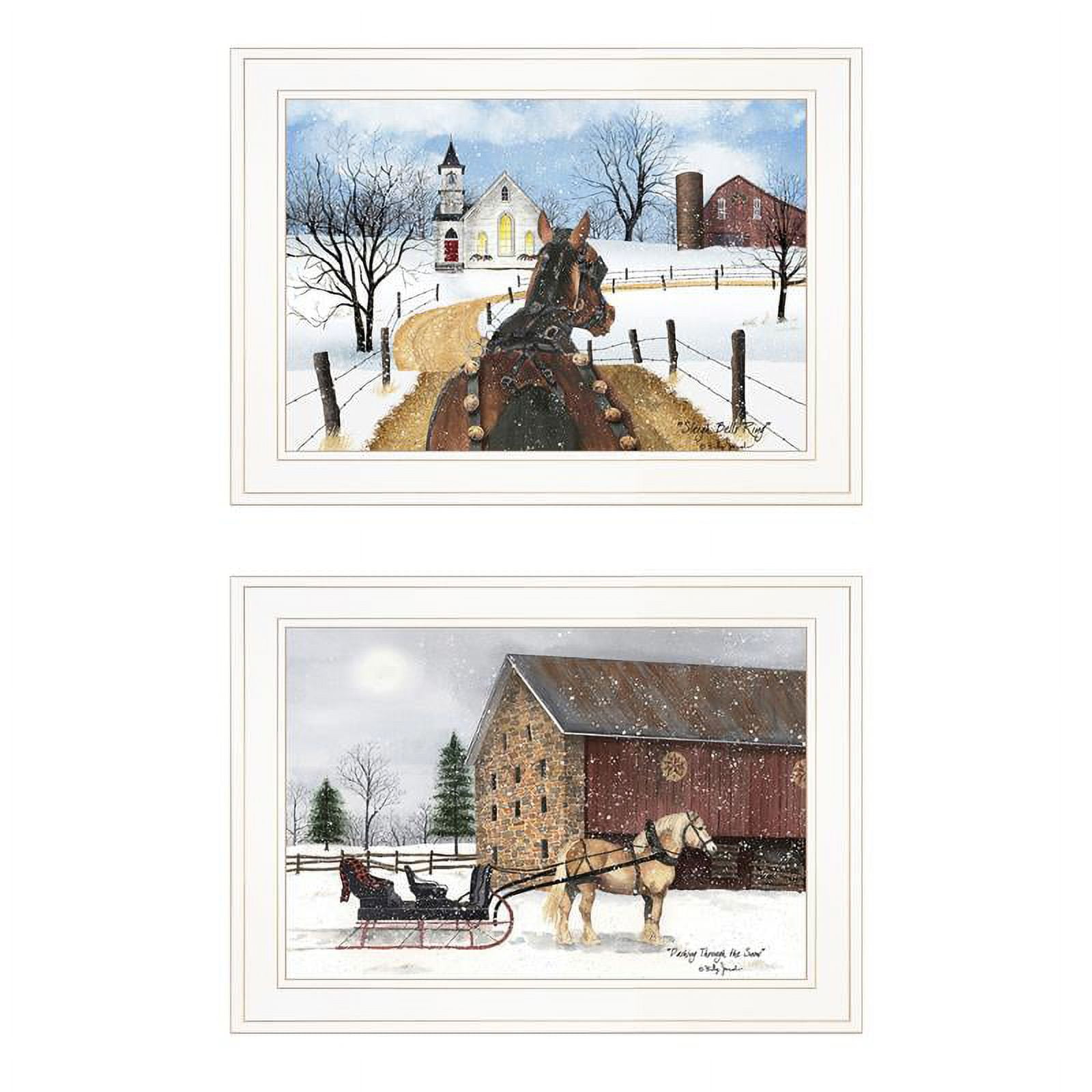 Sleigh Bells Ringing Winter Scene Print with White Wood Frame