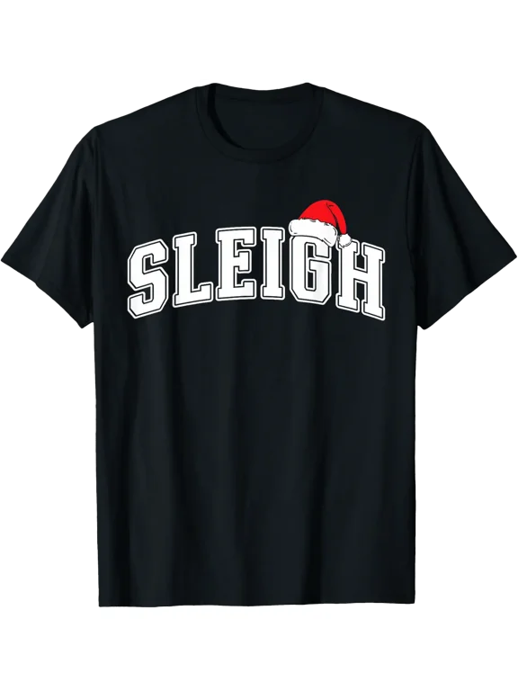 Sleigh Christmas Varsity Text with Santa Family Xmas T-Shirt