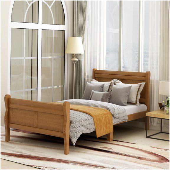 Sleigh Design Twin Platform Bed Frame, Solid Wood Base with Headboard, No Box Spring Needed, Under Bed Storage Space