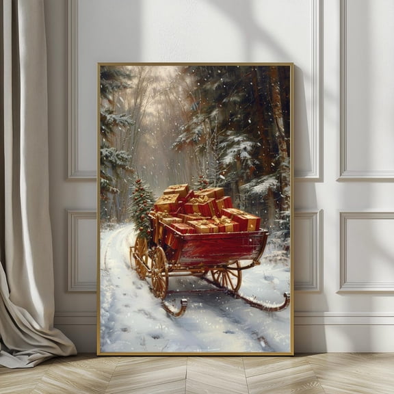 Sleigh Poster Wall Art Rustic Winter Print Farmhouse Neutral Decor Cozy Seasonal Home Warm Present Vintage UNFRAMED Poster Size 12x18