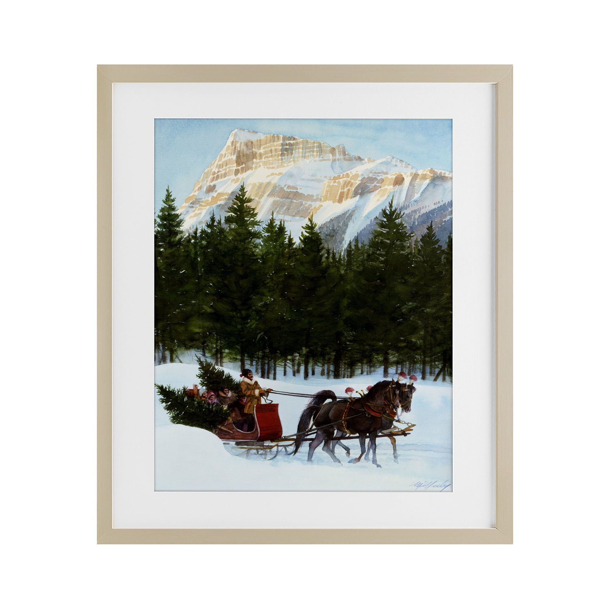Sleigh Ride Carrying Trees Birch Framed Print Under Glass, design by Wind River Studios