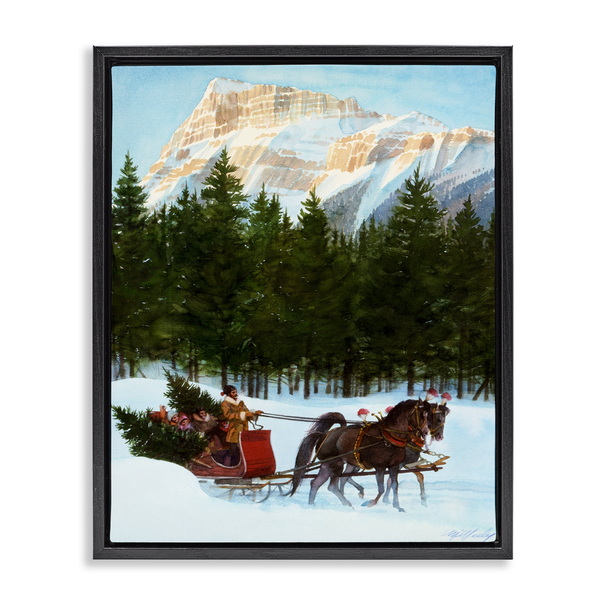 Sleigh Ride Carrying Trees Black Framed Floater Canvas Wall Art, design by Wind River Studios