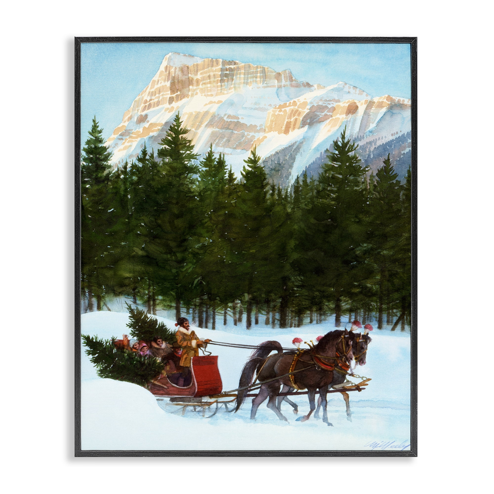 Sleigh Ride Carrying Trees Black Framed Giclee Art, design by Wind River Studios