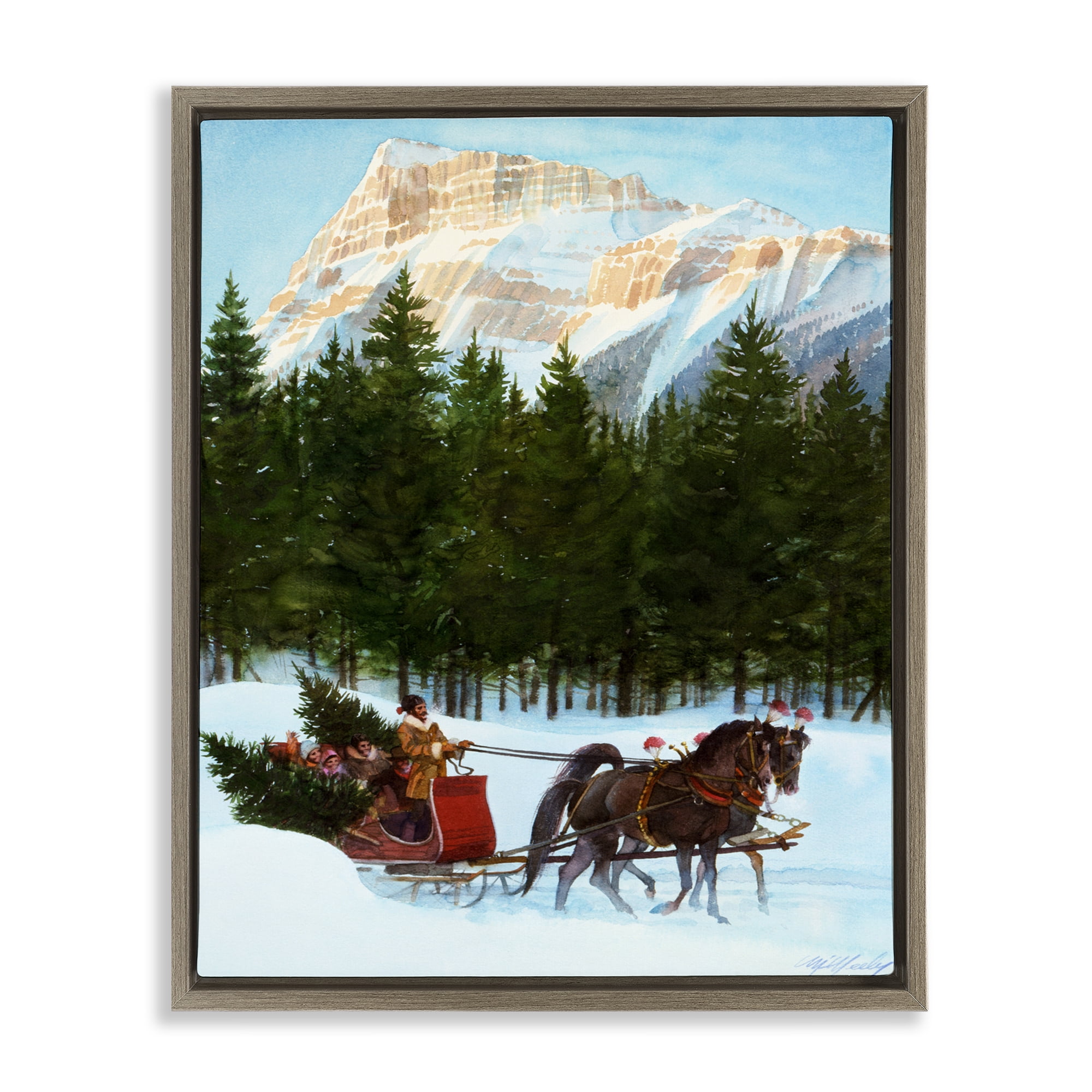 Sleigh Ride Carrying Trees Brown Framed Floater Canvas Wall Art, design by Wind River Studios