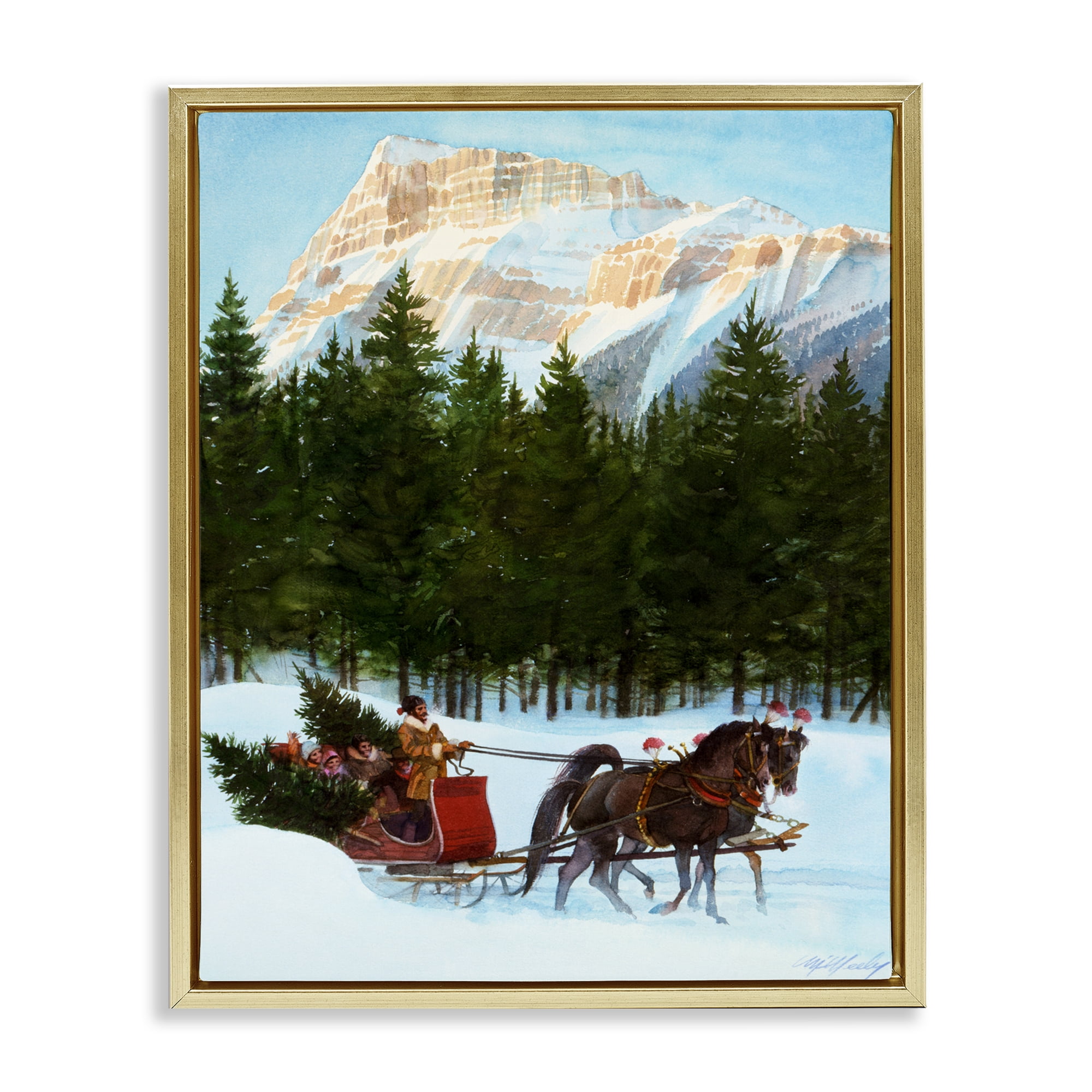 Sleigh Ride Carrying Trees Gold Framed Floater Canvas Wall Art, design by Wind River Studios