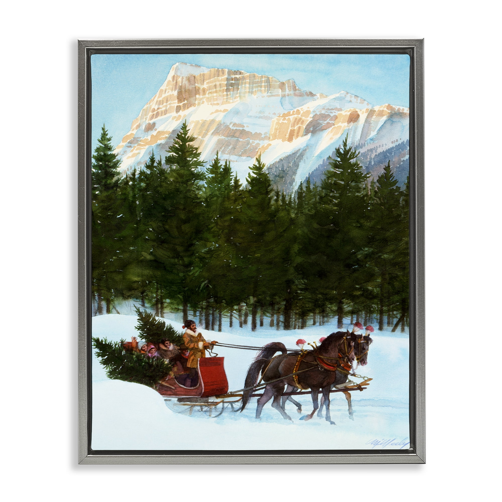 Sleigh Ride Carrying Trees Gray Framed Floater Canvas Wall Art, design by Wind River Studios
