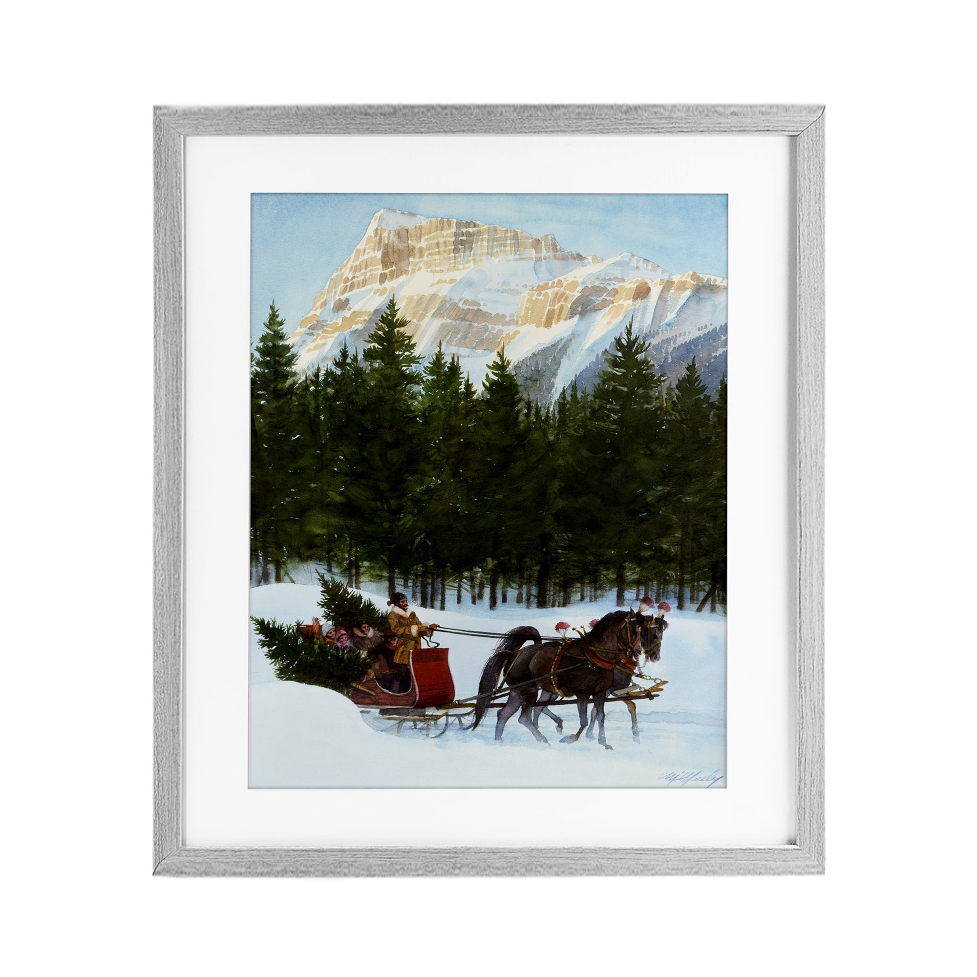 Sleigh Ride Carrying Trees Gray Framed Print Under Glass, design by Wind River Studios