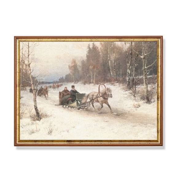 Sleigh Ride, Winter Landscape Art Warm Present Vintage UNFRAMED Poster Size 24x36