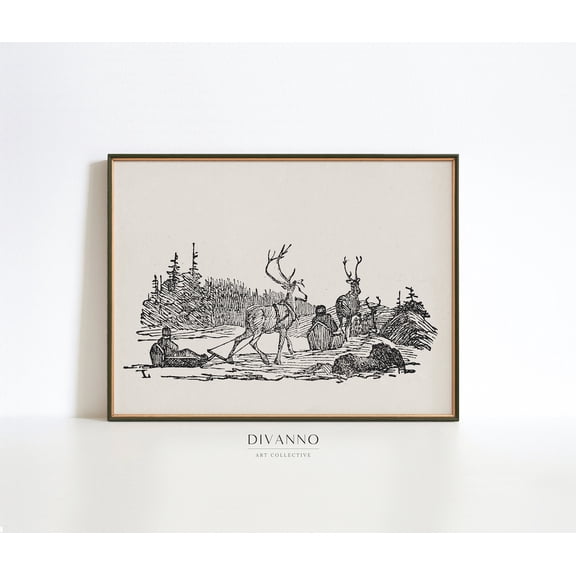Sleigh Ride With Reindeer Vintage Nordic Art Cabin Lodge Decor Winter Animal Sketch Holiday Decor Christmas Gift Wall Art