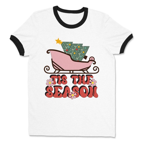 Sleigh Tis the Season Ringer Tee Shirt Unisex Large White/Black