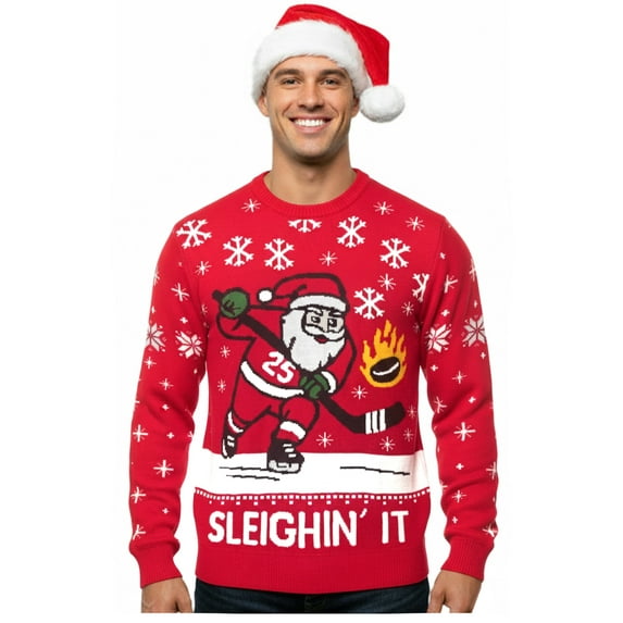 Sleigh'n It Ugly Christmas Sweater - Funny Hockey Santa Pullover for Adults - Unisex Holiday Sweaters Sweater Medium Multicolor