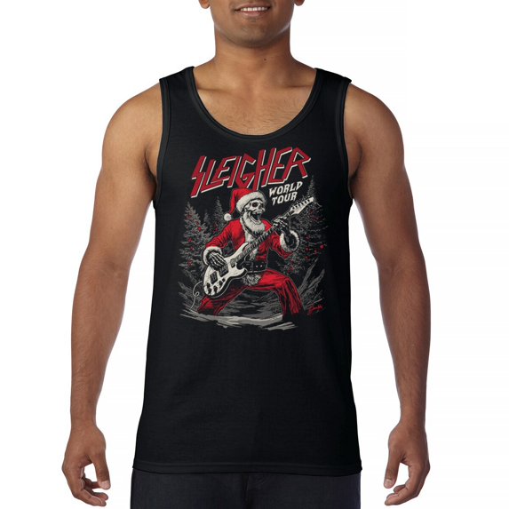 Sleigher World Tour Tank Top Santa Claus Skeleton Rock and Roll Legend Guitar Band Christmas Tree Xmas Men's Top