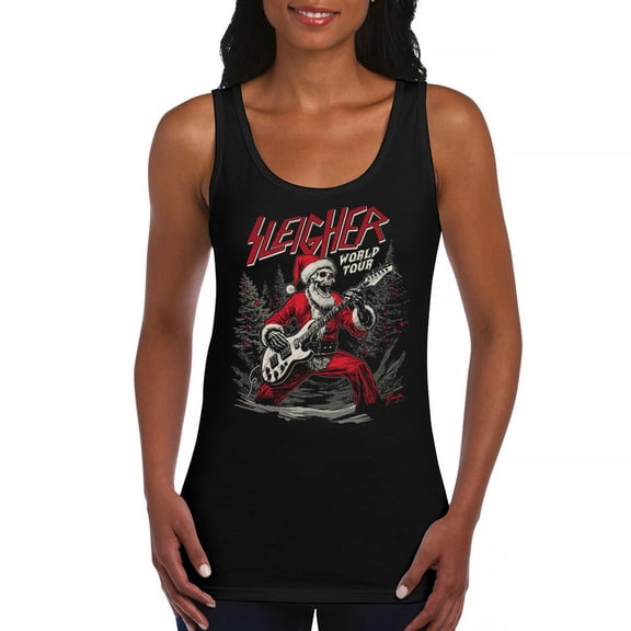 Sleigher World Tour Women's Tank Top Santa Claus Skeleton Rock and Roll Legend Guitar Band Christmas Tree Xmas