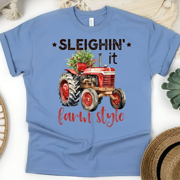 Sleighin’ It Farm Style Shirt | Red Tractor Country Christmas Tee, CarolinaBlue, Size XL