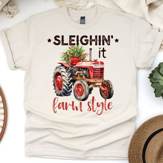 Sleighin’ It Farm Style Shirt | Red Tractor Country Christmas Tee, Natural, Size S