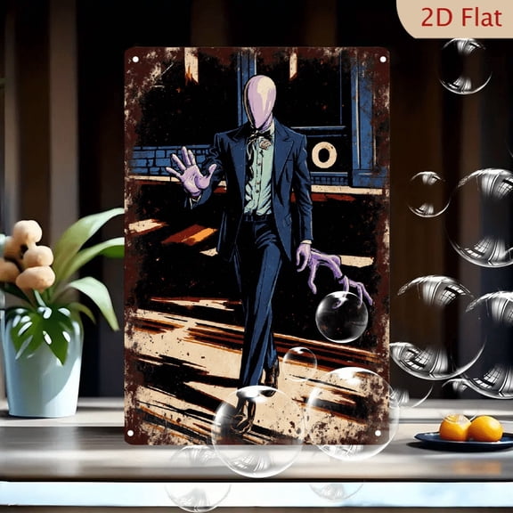 Slender Man Comic Horror Art, 8x12 Inches Metal Wall Decor, Faceless Creepy Figure in Suit with Urban Night Background, Rustic Grunge Texture for Home Office or Gaming Room