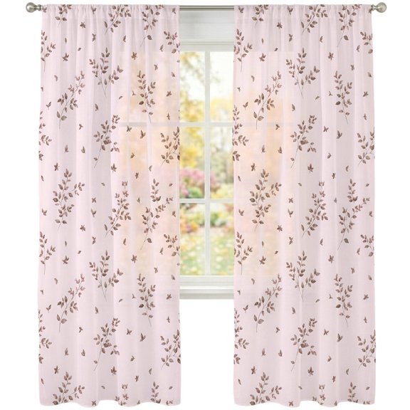 Slender Twigs Sheer Curtains 108 Inches Long 2 Panels, Rustic Country Pink Leaf Sprig Micro Ditsy Print Semi Sheer Rod Pocket Window Curtains Light Filtering Drapes for Living Room Bedroom