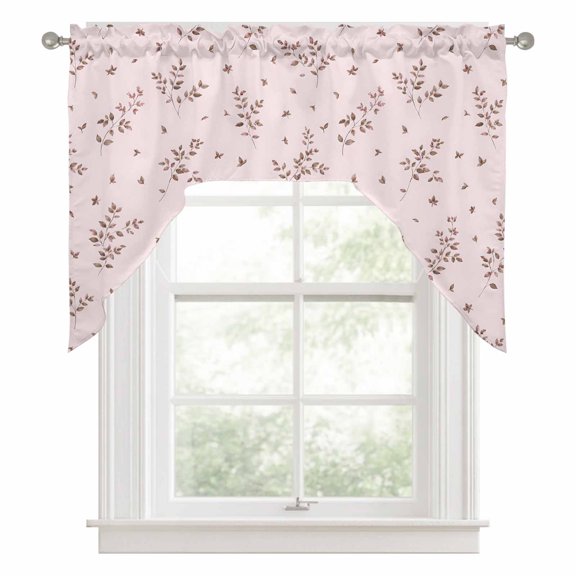 Slender Twigs Swag Valance for Windows, Rustic Country Pink Leaf Sprig Micro Ditsy Print Swag Curtains Valances for Small Window Treatment Rod Pocket for Kitchen Bathroom 1 Panel 56x36in