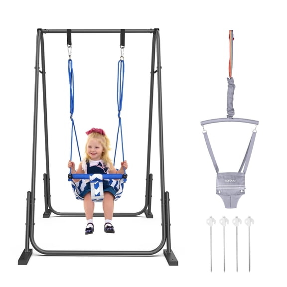 Slevoo 2-in-1 Baby Jumper and Swing, Baby Jumper for 6 Months to 6 Years with Portable Quick Foldable Stand, Adjustable Strap & Soft Padded Seat, Gray