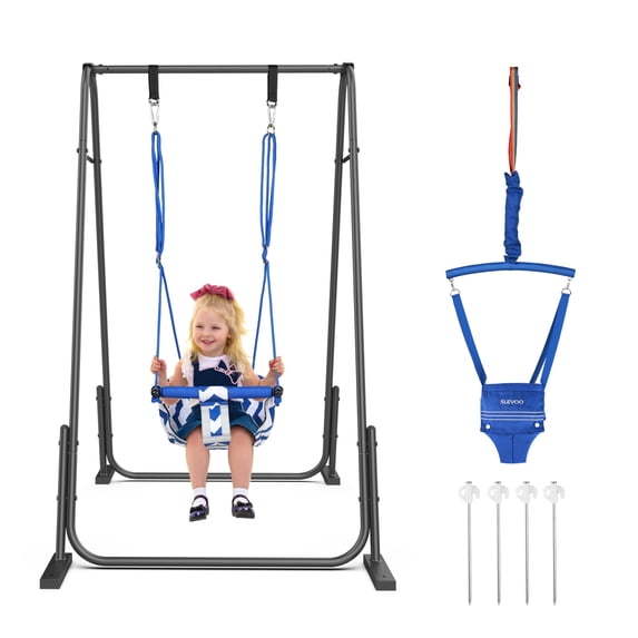 Slevoo 2-in-1 Baby Jumper and Swing Set with Portable Quick Foldable Stand, Easy Setup, Adjustable Strap, Soft Padded Seat, Blue