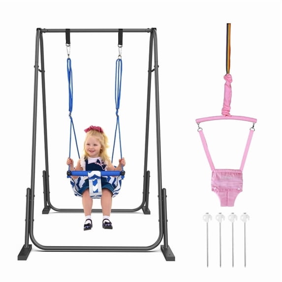 Slevoo 2-in-1 Baby Jumper and Swing Set with Foldable Metal Frame, Easy Setup, Adjustable Strap, Soft Padded Seat, Pink