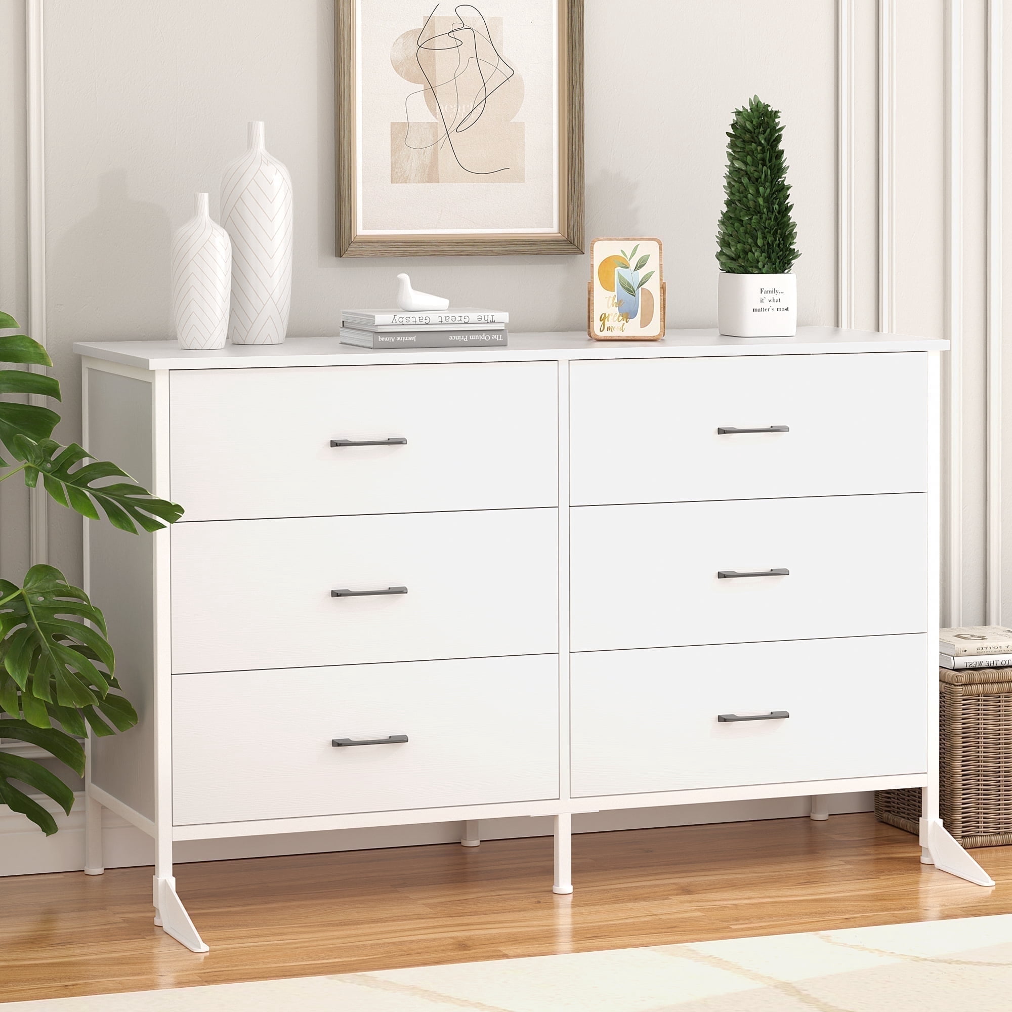 Slevoo 47.3"Chest of Dressers 6 Drawers for Bedroom, Living Room, Hallway, Steel Wood Frame, White