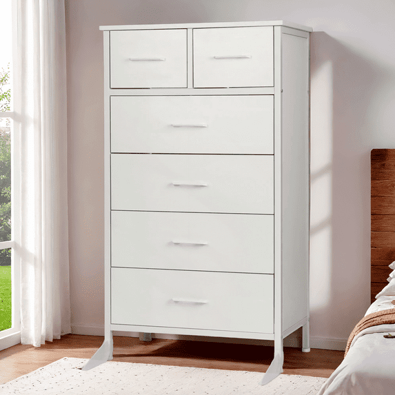 Slevoo 6 Drawer Dresser for Bedroom, Storage Cabinet Wooden Dresser, Steel Wood Frame, 42.1''H White