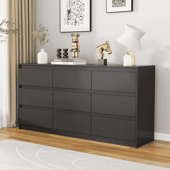 Slevoo 9 Drawer Dresser, Dresser for Bedroom with Wooden Bins, Modern Chest of Drawers, Black