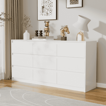 Slevoo 9 Drawer Dresser, Dresser for Bedroom with Wooden Bins, Modern Chest of Drawers, White