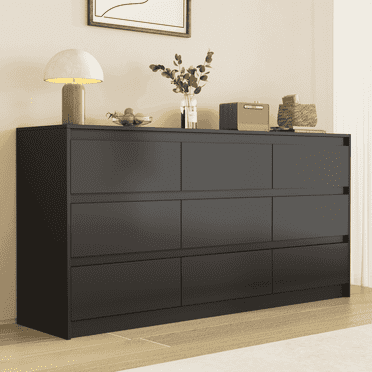 Slevoo 63" Modern 9-Drawer Dresser with Wooden Bins, Black Dresser for Bedroom, Chest of Drawers for  Adults
