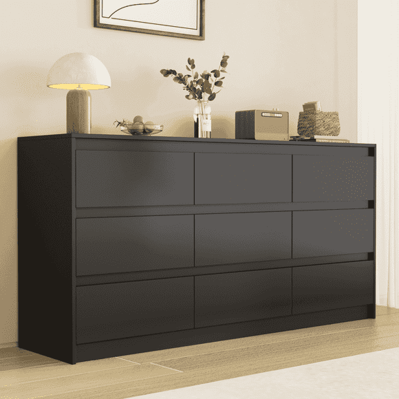Slevoo 63" Modern 9-Drawer Dresser with Wooden Bins, Black Dresser for Bedroom, Chest of Drawers for  Adults