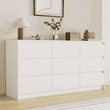 Slevoo 63" Modern 9-Drawer Dresser with Wooden Bins, White Dresser for Bedroom, Chest of Drawers for Adults