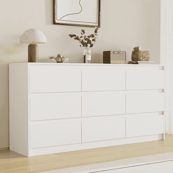 Slevoo 63" Modern 9-Drawer Dresser with Wooden Bins, White Dresser for Bedroom, Chest of Drawers for Adults