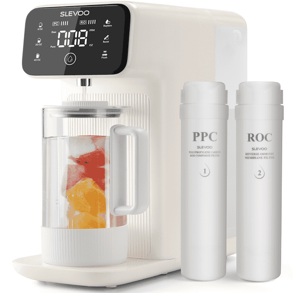 Slevoo Countertop Osmosis Water Filter, 6 Stage Ro Water Filtration System with Glass Pitcher, 4:1 Pure to Drain & TDS Displaying, Warm White