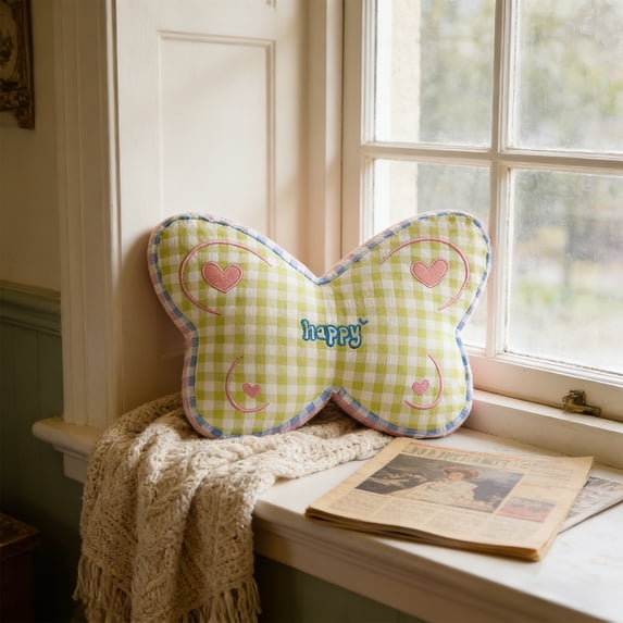 Slhenay Butterfly Shaped Throw Pillow, Gingham Plaid Decorative Cushion with Heart Embroidery, Cozy Accent Pillow for Couch,Sofa, Bed, Living Room Decor Green